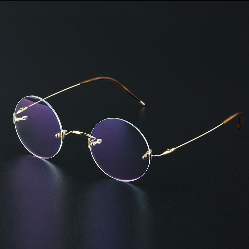 18k金眼镜架 无框圆框私人黄金眼镜框 商务近视眼镜男