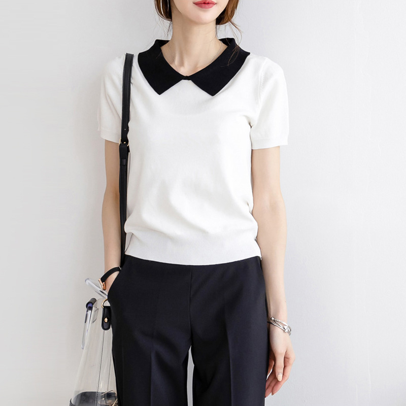 新品2022女夏装纯色百搭白色翻领针织衫短袖polo衫t恤上衣