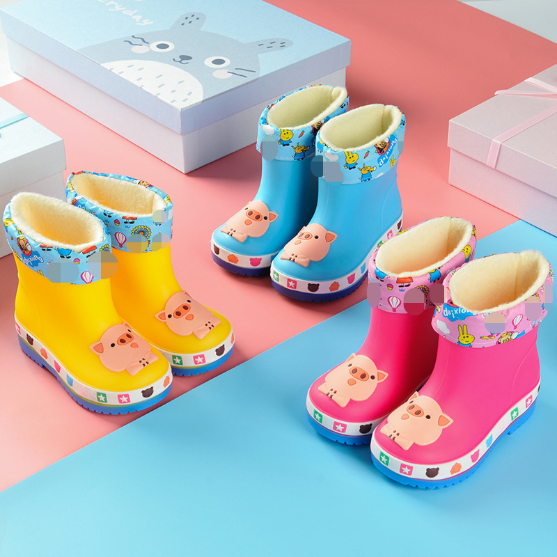 Adorable Cartoon Little Pig Children's Rain Shoes Fleece-Lined Cotton Cover Mid-Calf PVC Men's and Women's Children & Baby Baby Children's Rain Boots