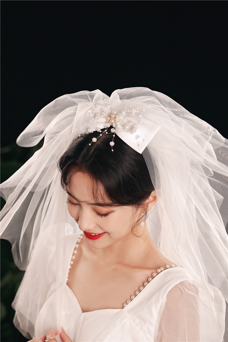 婚纱礼服拍照头纱 摄影旅拍小头纱 珍珠超短花童头饰婚庆
