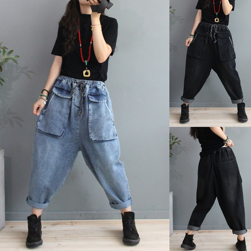 牛仔裤女 秋冬新款复古磨白大口袋大码宽松遮肉垮裤九分哈伦裤潮