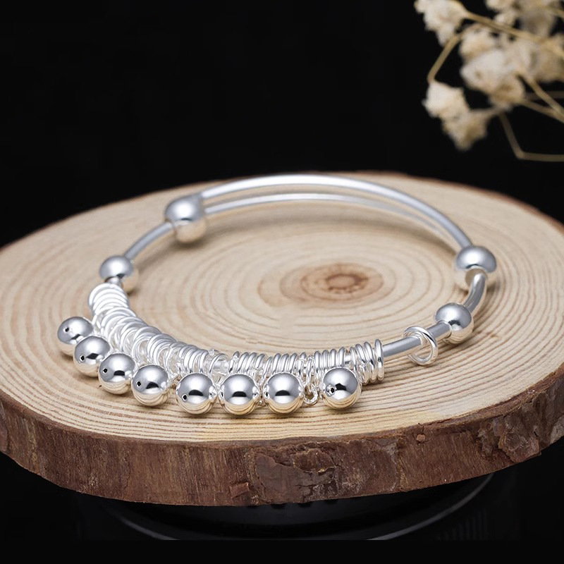 足银9999波西米亚风铃手镯女民族风铃铛光面实心纯银手环生日礼物
