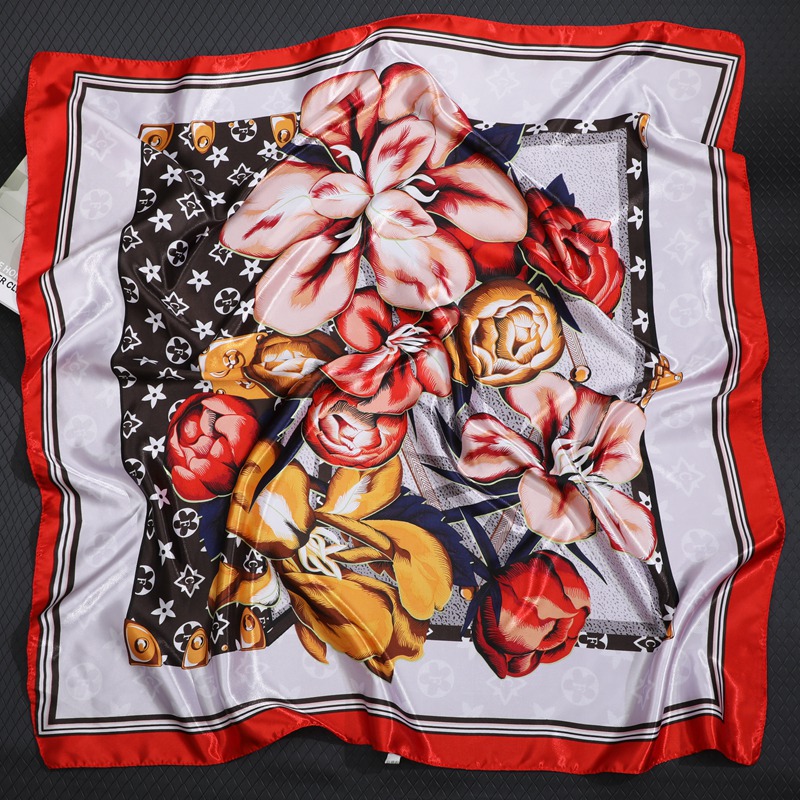 Silk Scarf Women's Fashionable Presbyopic Printed Scarf 90 Square Scarf Mother's Neck Protection Decorative Scarf Satin Emulation Silk Scarf
