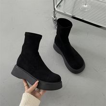 厚底弹力靴女冬加绒2024年新款网红百搭一脚蹬骑士长筒靴爆款短靴