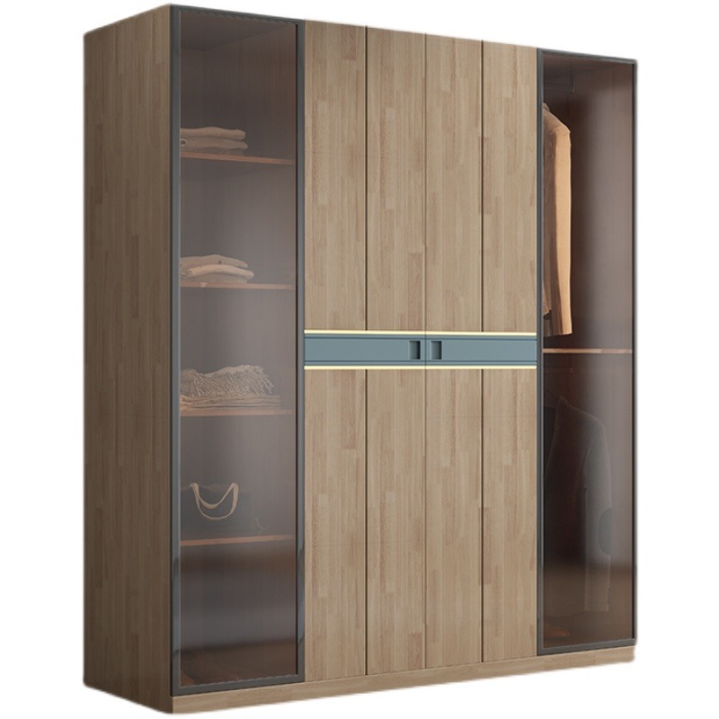 Nordic Solid Wood Wardrobe Modern Minimalist Bedroom and Household Frosted Glass Door Clothes Storage Cabinet Vertical Hinged Door Wardrobe