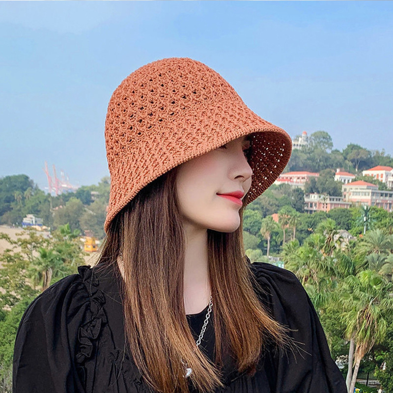 INS Japanese and Korean Style Bucket Hat Hollow out Fisherman Basin Hat Outdoor Knitted Sun Covering Season Sun Protection Hat Female Internet Celebrity
