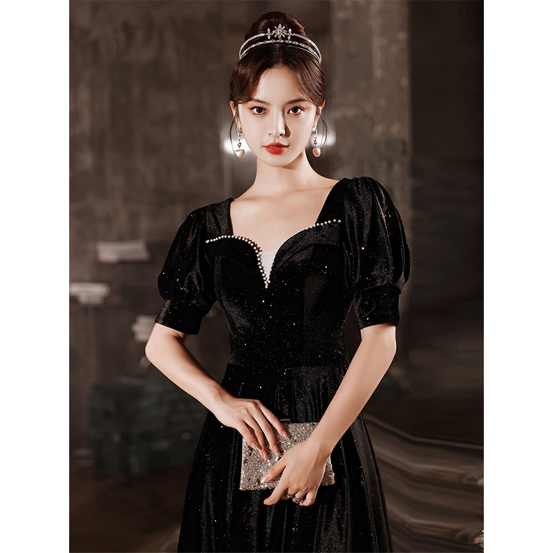 黑色气质晚礼服2021新款冬季大气轻奢艺考声乐长款主持人礼服裙女