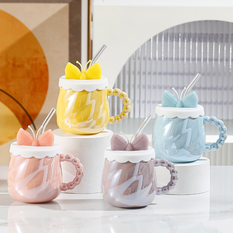 Creative Mug Pearlescent Glaze Bow Straw Girl Ins Hand Gift Milk Cup Coffee Set Factory Wholesale