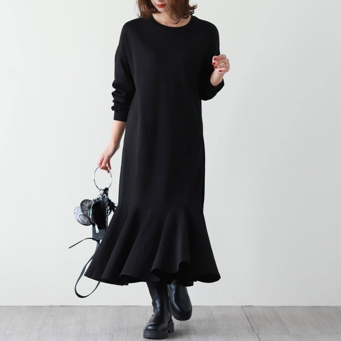 跨境女装2022秋季新款日系时尚圆领宽松鱼尾裙长款过膝卫衣连衣裙