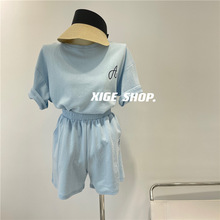 蓝色字母刺绣运动套装女短袖圆领T恤+高腰显瘦短裤休闲两件套韩版
