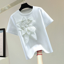 重工花朵圆领短袖T恤2024夏季韩版高腰短款纯色钉珠弹力直筒上衣