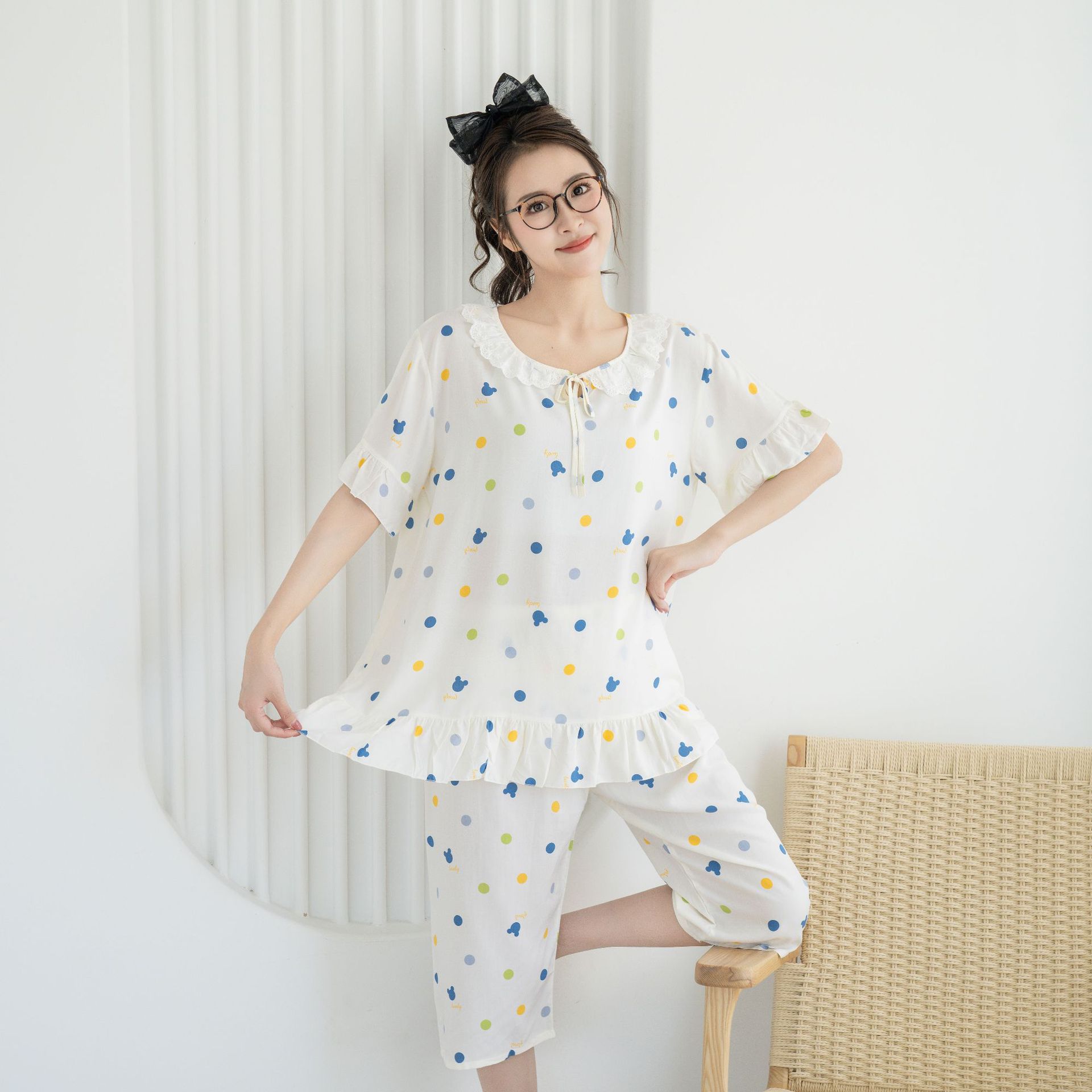 现货新款女式绵绸短袖七分裤公主风套装简约舒适薄款宽松家居服