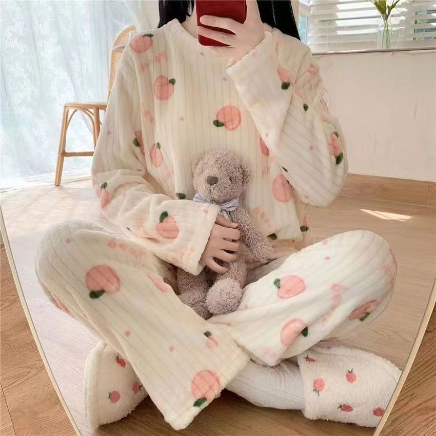 New Warm Suit Pajamas round Neck Loose Slimming and Warm Long Sleeve Home Women's Clothes Double-Sided Velvet Two-Piece Set