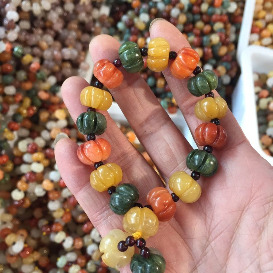 新疆和田玉金丝玉宝石光冰种彩玉手链手串女南瓜珠手链男女款礼物