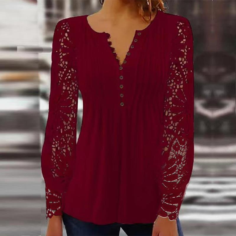 2023 Cross-Border European and American Spring and Autumn Fashionable New Women's Clothing Lace Lace Sleeve Pleated Solid Color Buttons T-shirt Bottoming Shirt