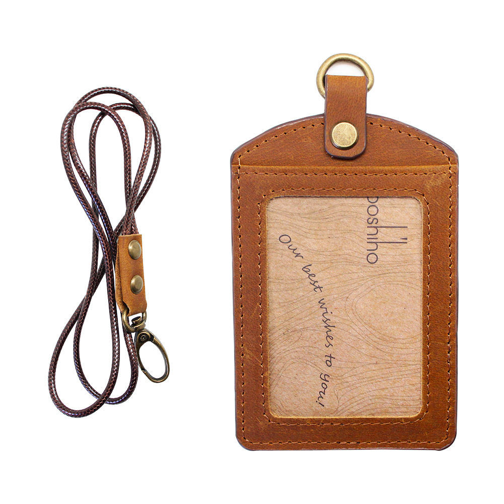 宝狮路厂家真皮手工证件套复古门禁卡套可定logo胸卡疯马皮卡套