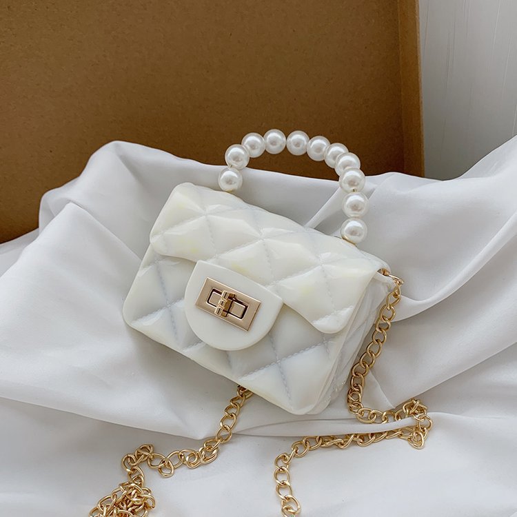 Children's Bags 2023 New Mini Jelly Bag Rhombus Small Sachet Pearl Hand Shoulder Crossbody Chain Bag