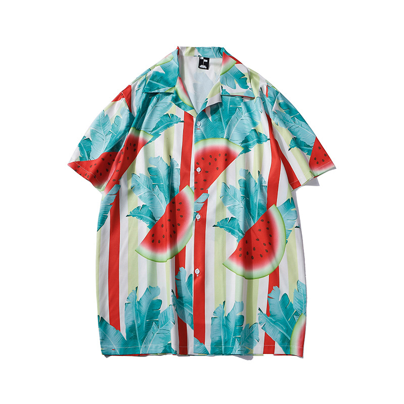短袖衬衫男宽松潮流夏季数码西瓜印花港风夏威夷情侣装复古衬衣潮
