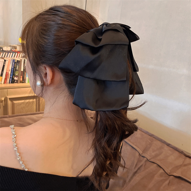 Three-Layer Oversized Black Bow on the Run Princess Bowknot Grip Back Head Height Ponytail Clip Hair Accessories Top Clip