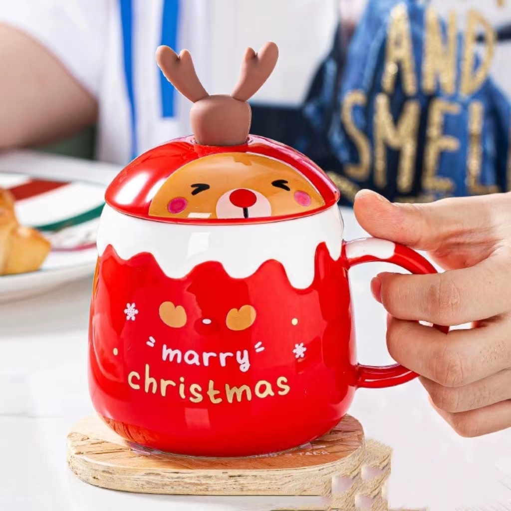 Creative Cute Elk Mug Christmas Gift Ceramic Cup Household with Cover Spoon Office and Dormitory Coffee Cup