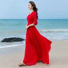 雪纺红色连衣裙新款七分袖优雅长款大摆收腰显瘦旅游度假长裙