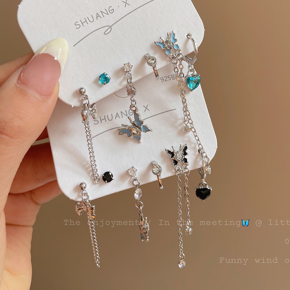 Spring and Summer Blue Butterfly Girl Ear Buckle Set Silver Needle Personality Niche New Sweet Cool Asymmetric Temperament Tassel Earrings