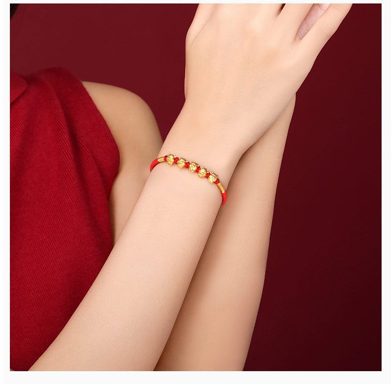 999足金生肖五福金牛黄金手链 3d硬金五福牛手编红绳一件代发