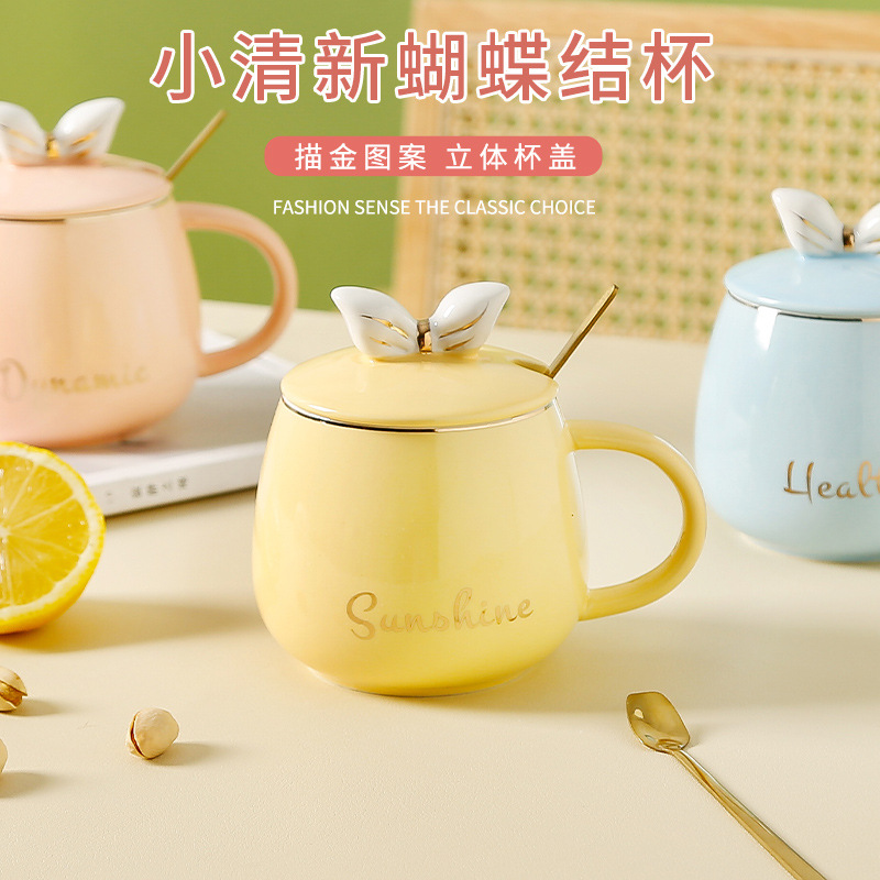 creative simple bowknot milk cup fresh girl heart ceramic cup with lid spoon mug