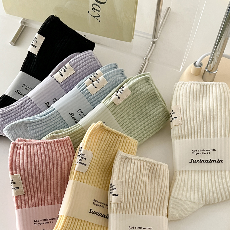 Suxinaimin Socks for Women Spring and Summer New Cotton Double Needle Bunching Socks Japanese Heel Cloth Label Macaron Tube Socks