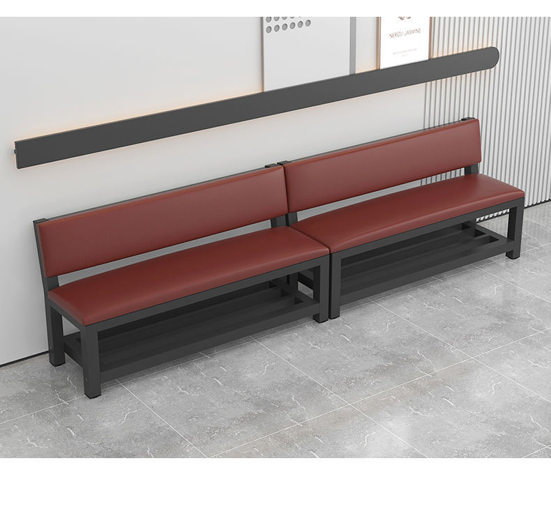 软包长条椅健身房休息区靠墙长条凳沙发带靠背长椅子理发店等候椅