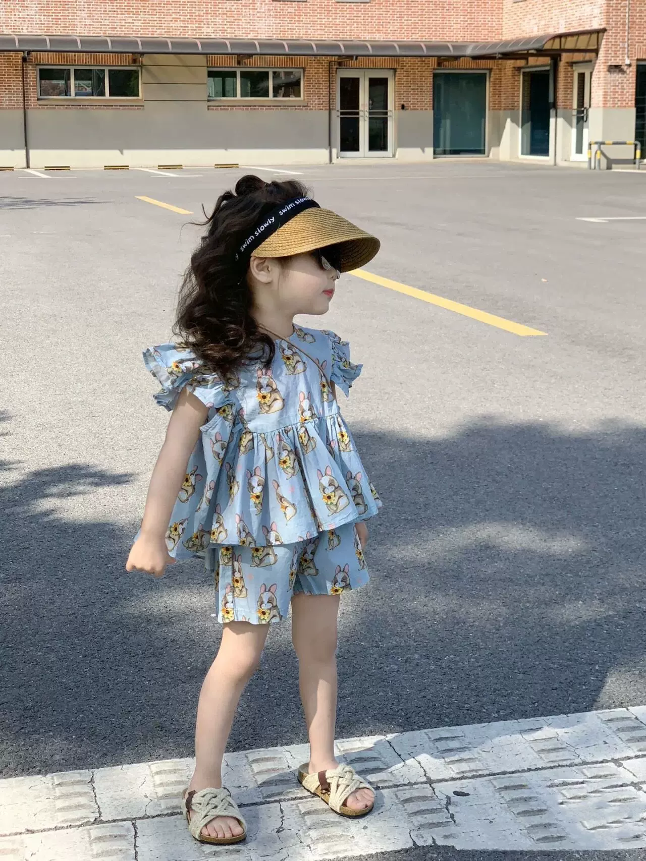2023夏季新款童装韩版女童可爱兔子飞袖上衣+短裤套装泡泡袖女孩
