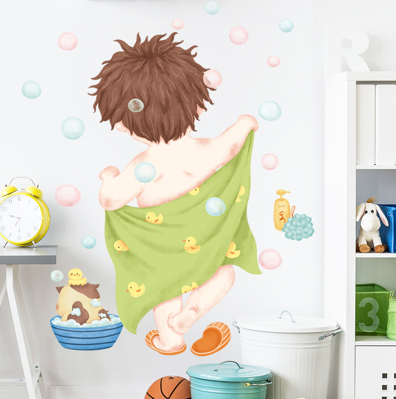可移除防水墙贴纸洗澡小朋友勤洗澡浴室卫生间玻璃瓷砖装饰贴可爱