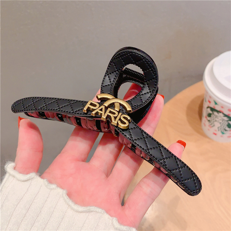 Japanese and Korean-Style Metal Letters High-Grade Hair Claw Diamond-Shaped Leather Updo Ponytail Height Grip Shark Clip Barrettes Women's Headdress