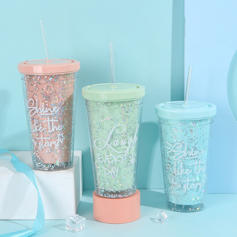 Internet Celebrity Star Sequins Creative Plastic Student Gift Cup Summer New Double-Layer Home Carrying Straw Ice Cup