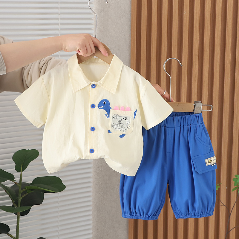 Boys Summer Suit 2024 New Fashionable Korean Style Short-Sleeved Shirt Two-Piece Cartoon Little Children Baby Clothes