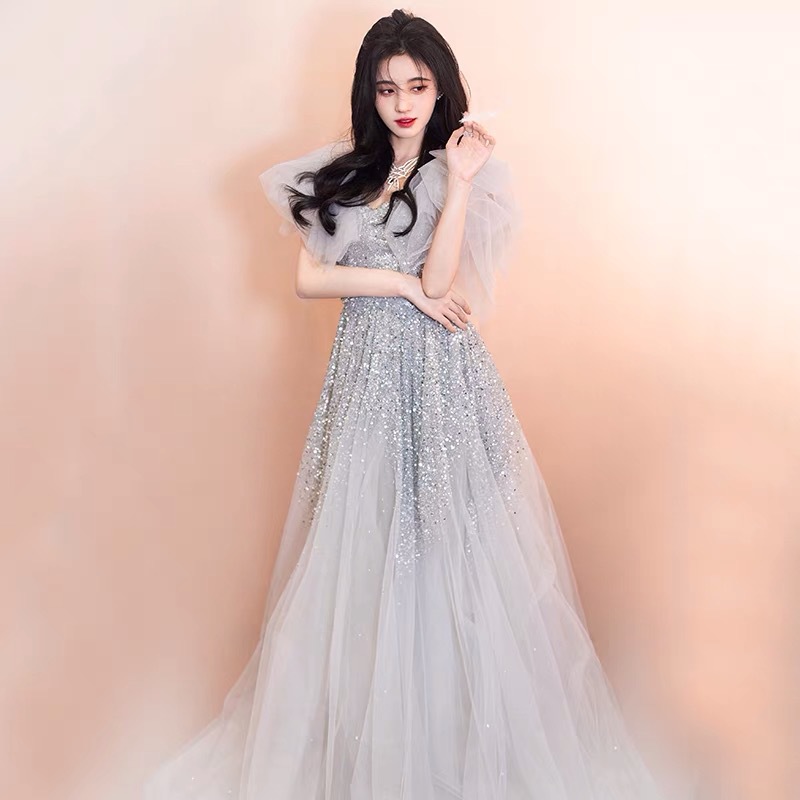 新品鞠婧祎明星同款名媛女神梦幻仙气网纱亮片雾蓝色晚礼服长裙裙