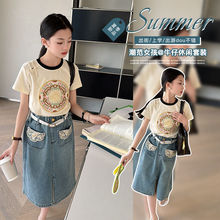 女童中式夏装T恤国风套装2024新款洋气夏季儿童短袖牛仔裙两件套