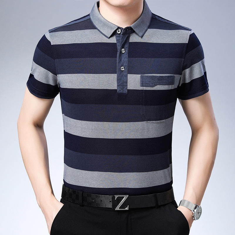 中年男士t恤宽松爸爸夏装短袖宽条纹夏季上衣服有口袋中