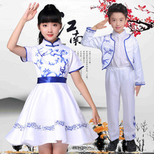 中国风青花瓷六一儿童节演出古筝表演诗歌朗诵中小学生大合唱服装