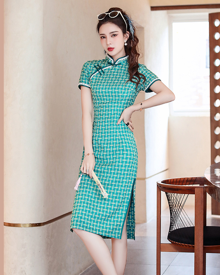 苏锦唐夏季短款少女棉麻格子旗袍裙改良版成人复古旗袍礼服连衣裙