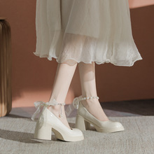 粗跟单鞋女2024春季新款珍珠伴娘白色高跟鞋玛丽珍鞋
