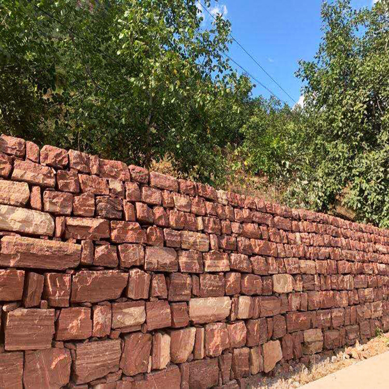 垒墙石毛石不规则块石红砂岩砌墙石 天然片石碎拼石 粉红色挡墙石