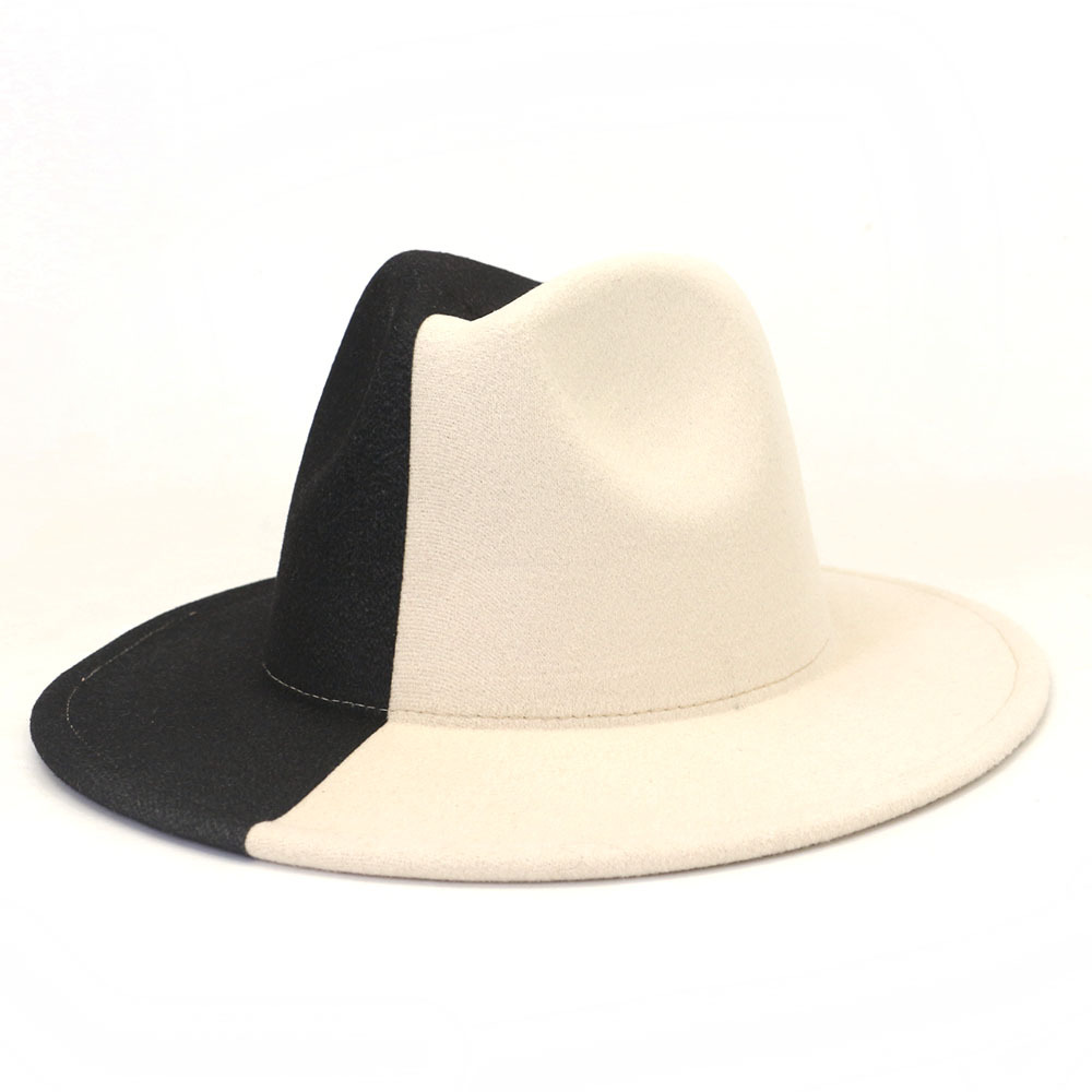欧美时尚新款黑米双色平檐直边爵士帽子亚马逊秋冬新款毛呢礼帽