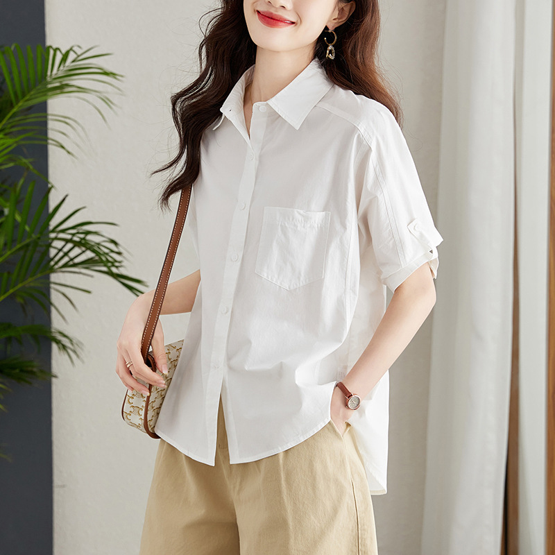 白衬衫2023夏季新款女五分袖中长款宽松上衣时尚设计感纯棉衬衣