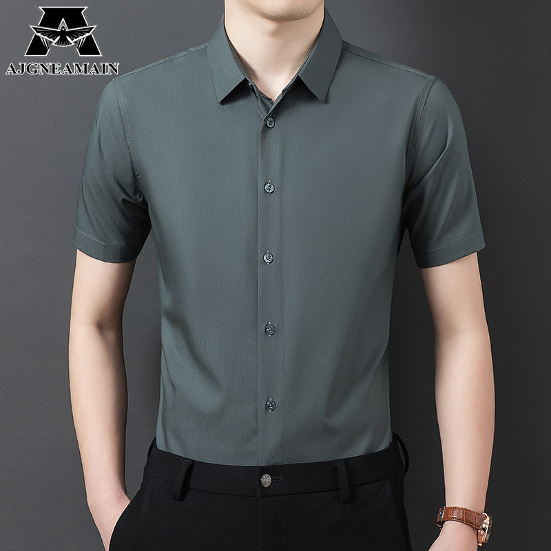 意大利正品牌桑蚕丝无痕短袖衬衫男夏季高端休闲帅气半袖男士衬衣