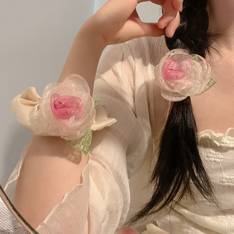 Dried Rose Barrettes Flower Female Mori Fairy Beautiful Ins Super Fairy Organza Bangs Side Clip Spring and Summer Hair Accessories