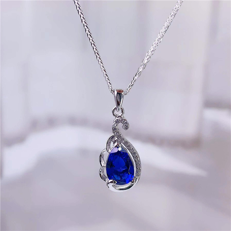 925纯银镀白金蓝宝石吊坠项链女款 简约气质锁骨链复古蓝水滴型