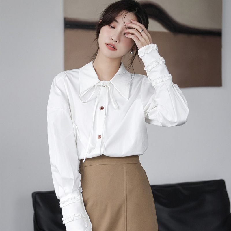 实拍 法式白色衬衫女2022春季简约气质设计感袖口翻领净色衬衣