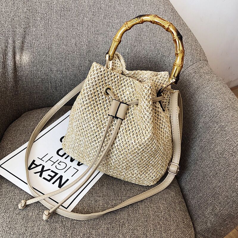 Beach Bag Women's Straw Women's Bag 2021 New Bamboo Joint Drawstring Bucket Bag Shoulder Crossbody Small Handbags