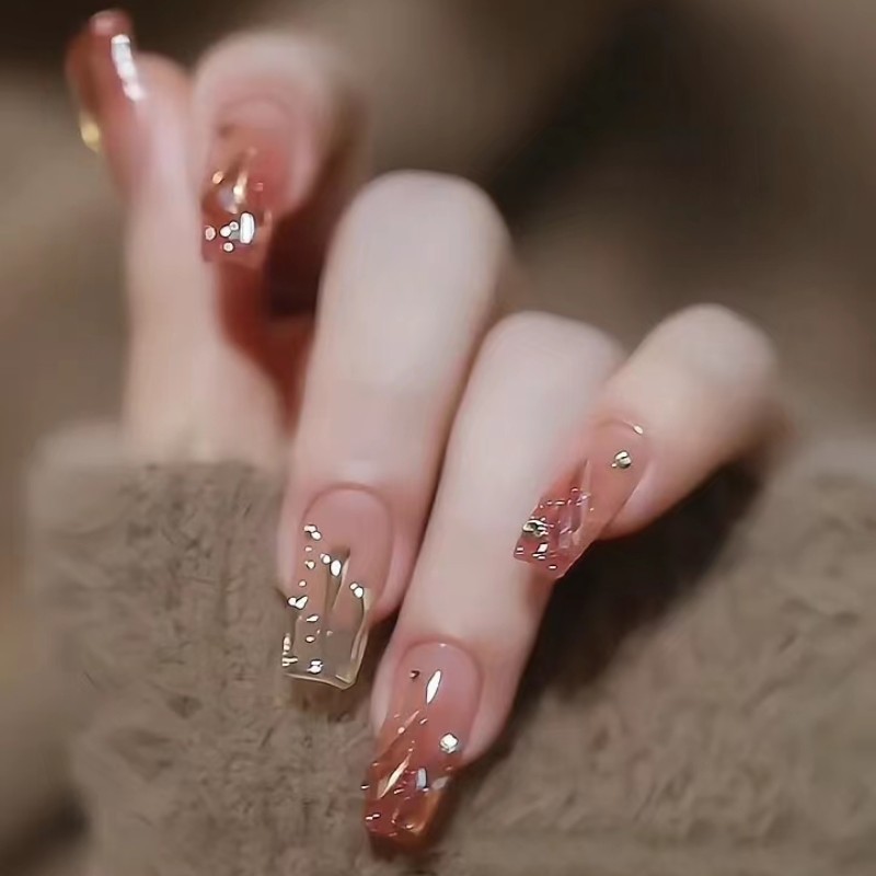 b626火焰碎钻假指甲贴片新娘日常高级感穿戴甲欧美风梯形美甲成品